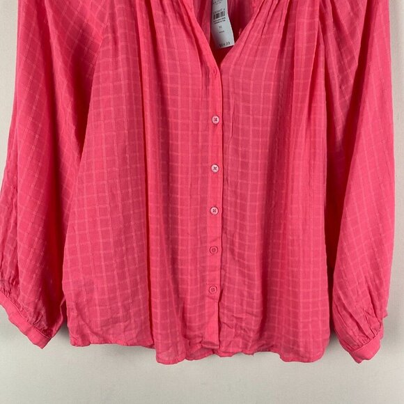 Ann Taylor Factory Shirt Size Petite Medium Pink Button Up Split Neck Sheer - Picture 3 of 10